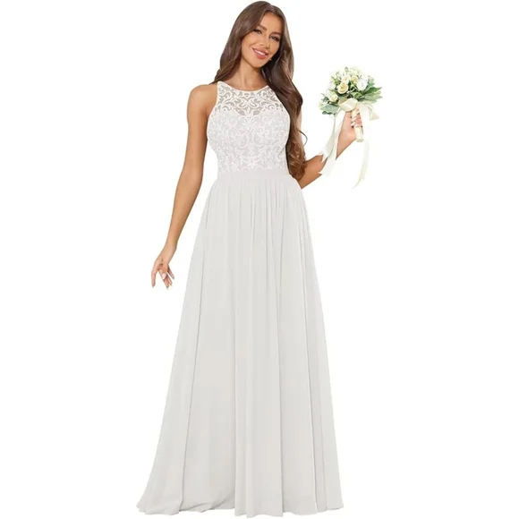 Women's Thinyfull Ivory Lace Applique Halter Maxi Dress Size 14 NWOT - Picture 1 of 13